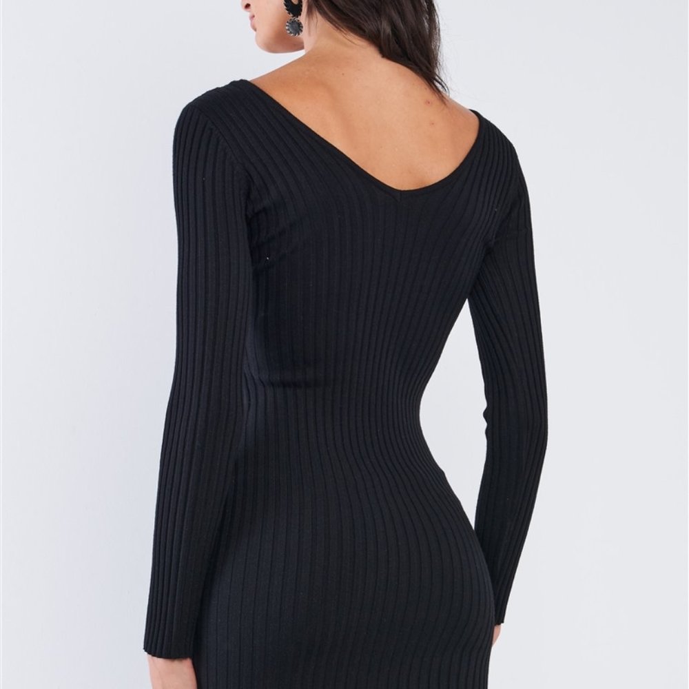 Melbourne Ribbed V Neck Mini Dress (Black) - Picture 2 of 6